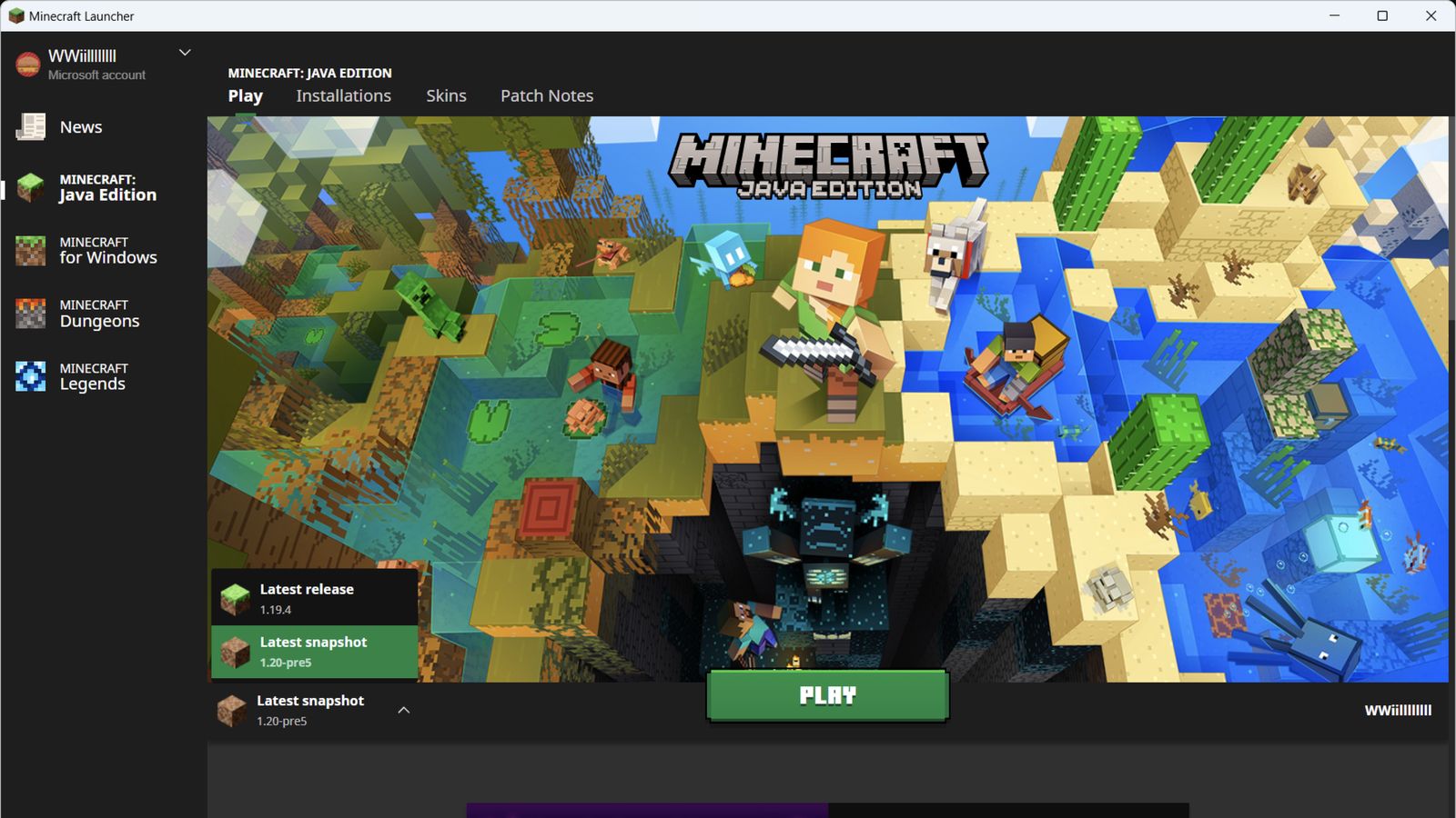 Actual Minecraft Launcher Java Edition Play screen