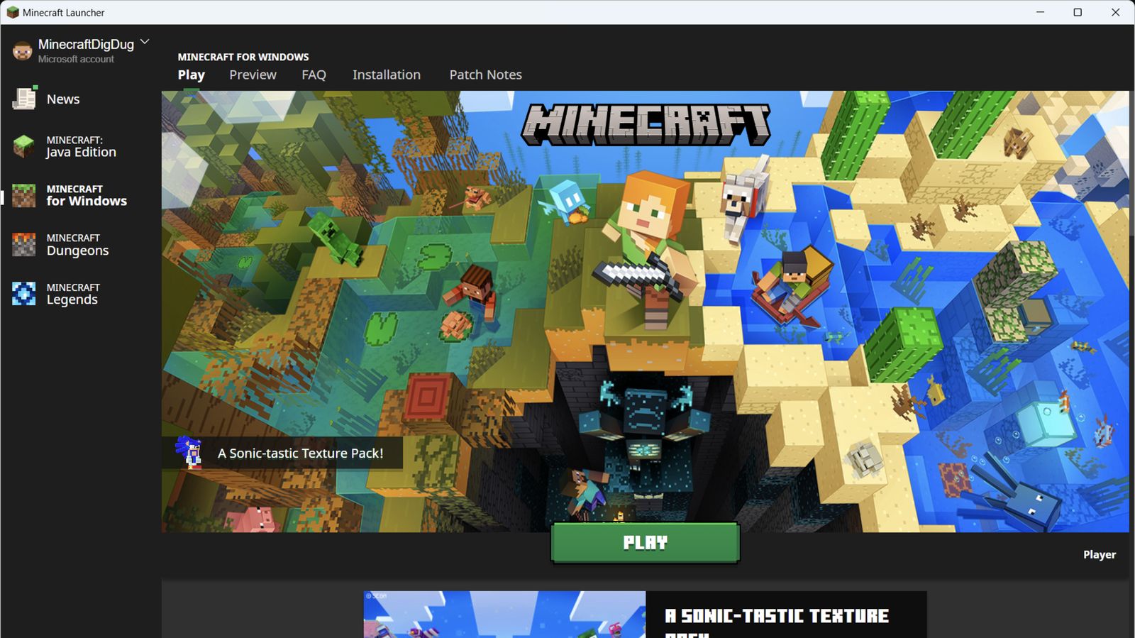 Minecraft Launcher Bedrock Edition Play screen