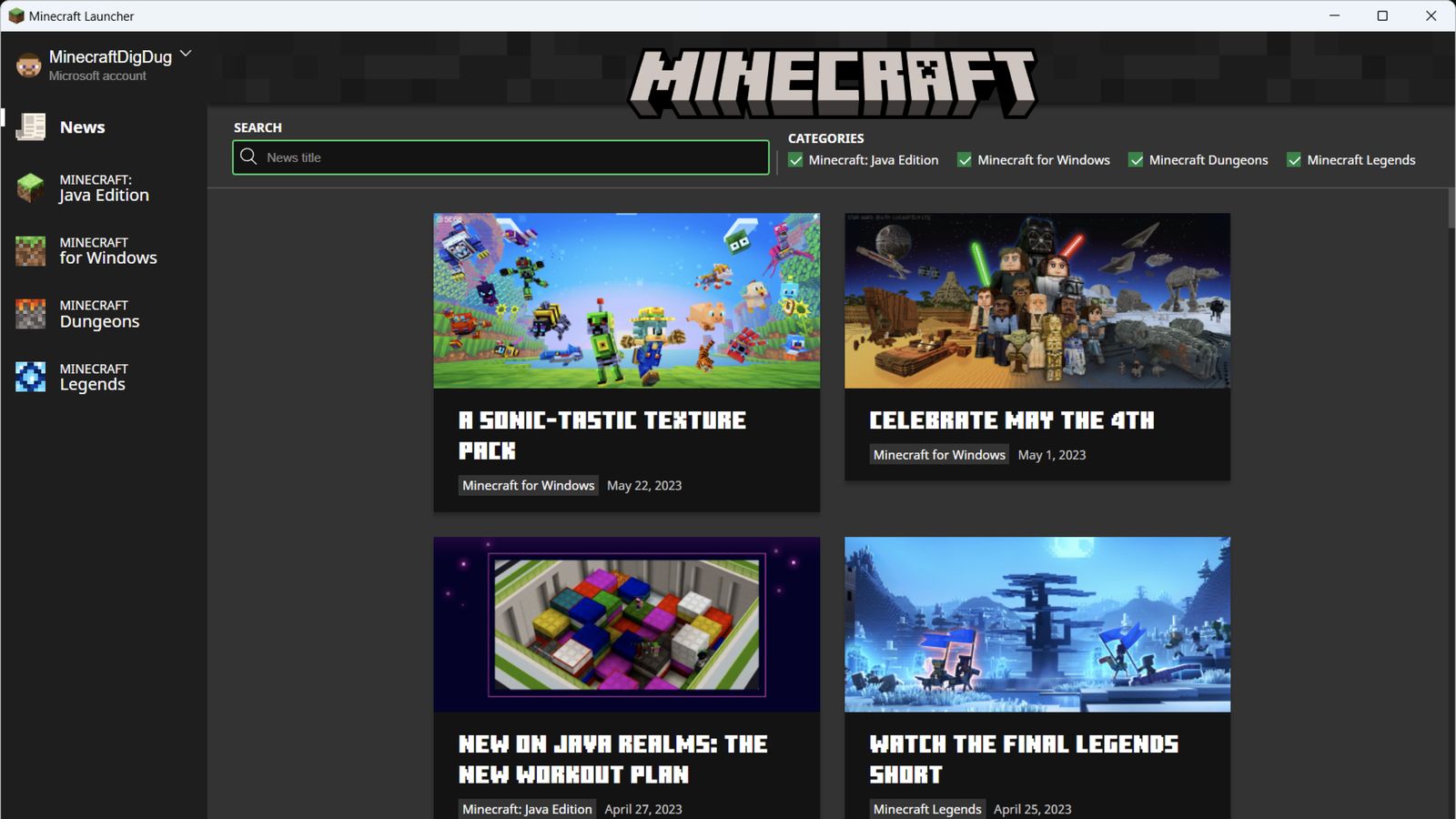 Actual Minecraft Launcher news screen with the unified game navigation visible on the left