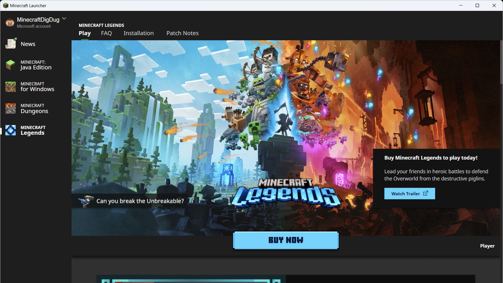 Minecraft Launcher Minecraft Legends Play screen