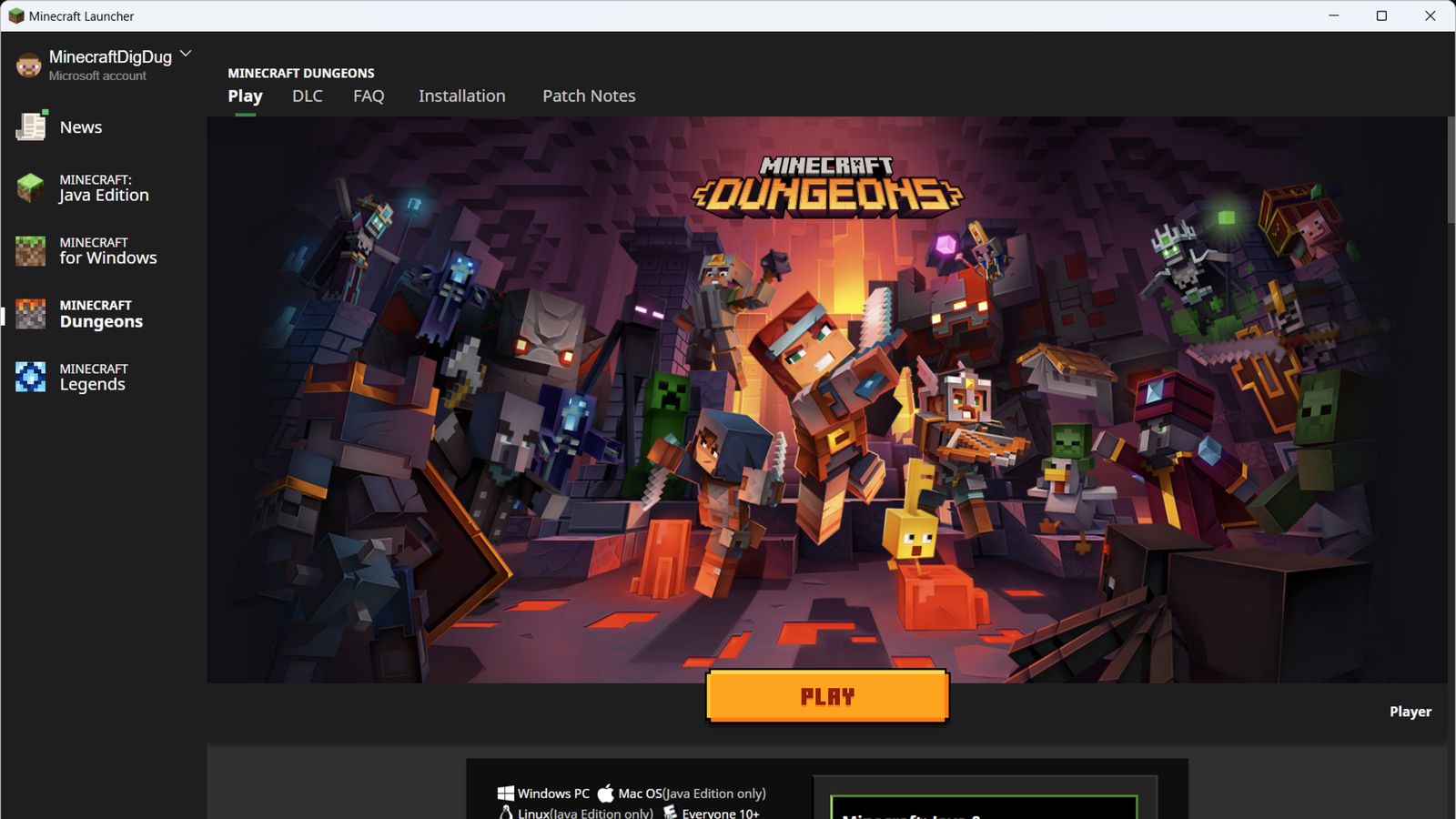 Minecraft Launcher Minecraft Dungeons Play screen